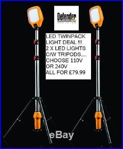 2x LED Task Light with Telescopic Tripod 240v / 110v Work Site Lighting Defender