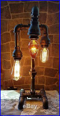 Handcrafted Industrial Pipe Three Bulb Table Lamp steampunk style