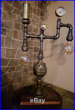 Rustic Industrial Pipe Lamp, train whistle, antique water meter, edison bulbs