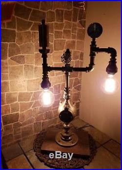 Rustic Industrial Pipe Lamp, train whistle, antique water meter, edison bulbs