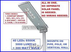 Solar Street/Security Light 40 LEDs 3000 Lumuns = 300 Watt Incandescent, Remote